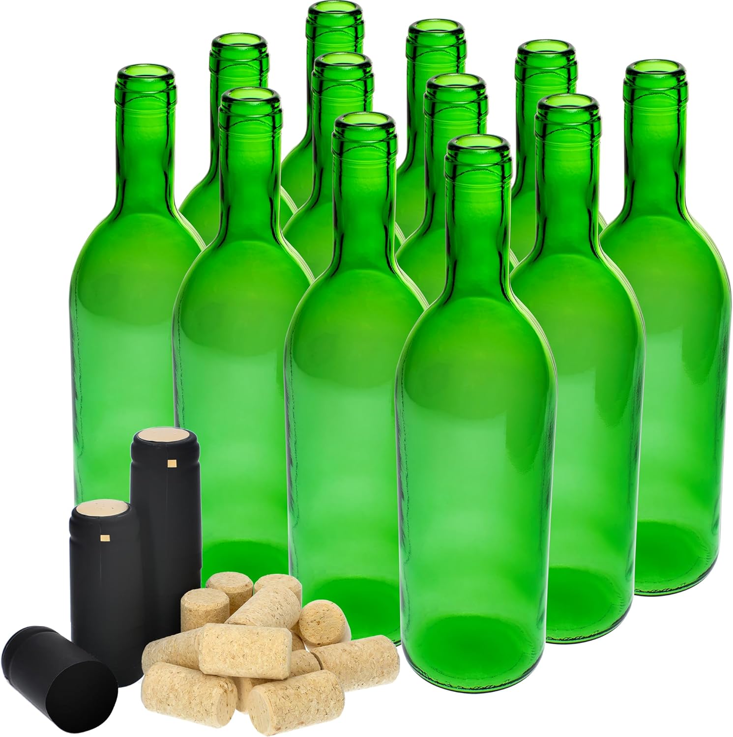 12 x 750 ml Weinflaschen mit Korken & Schrumpfkappen – Grünes Glas, Set mit Karton