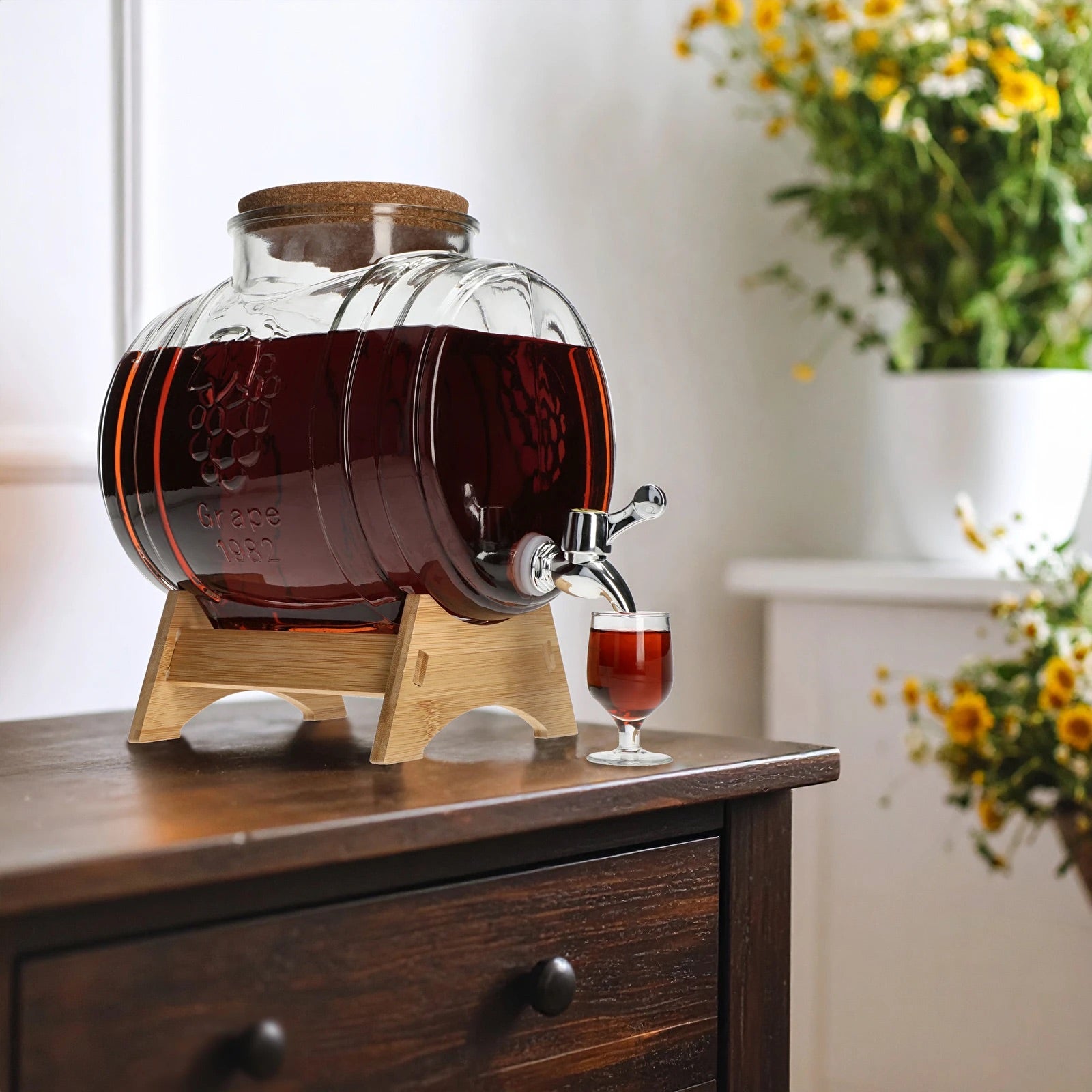 5 L Glasfässchen mit Holzständer & Zapfhahn – eleganter Getränkespender für Wein & Whisky