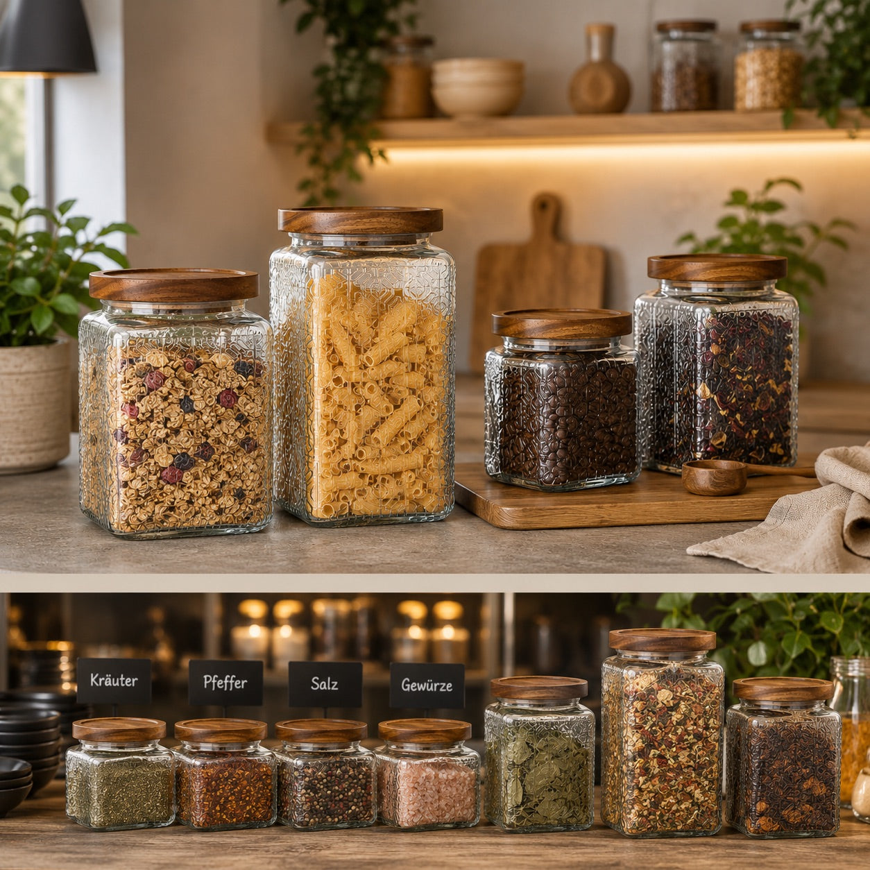 850 ml Vorratsglas mit Holzdeckel, eckiger Glasbehälter für Küche