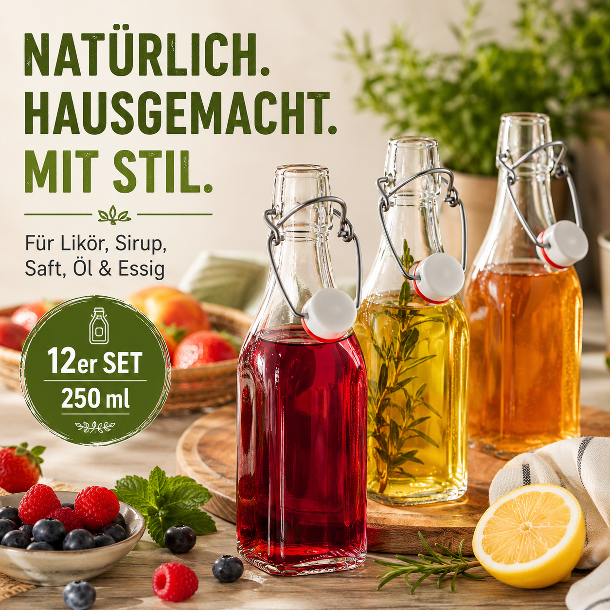 12 Glasflaschen 250ml mit Bügelverschluss