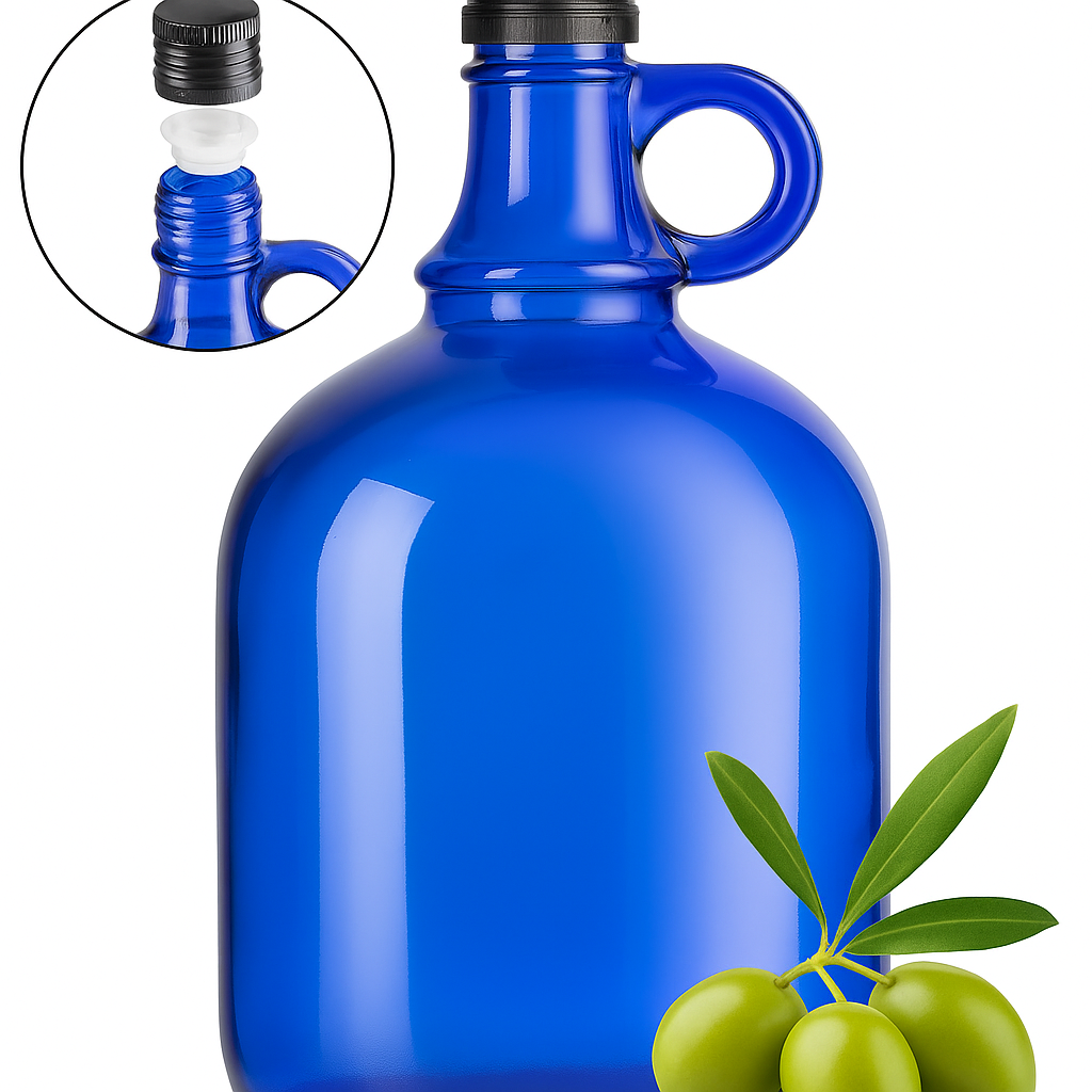 1L Blaue Glasflasche mit integriertem Ausgießer & Schraubverschluss