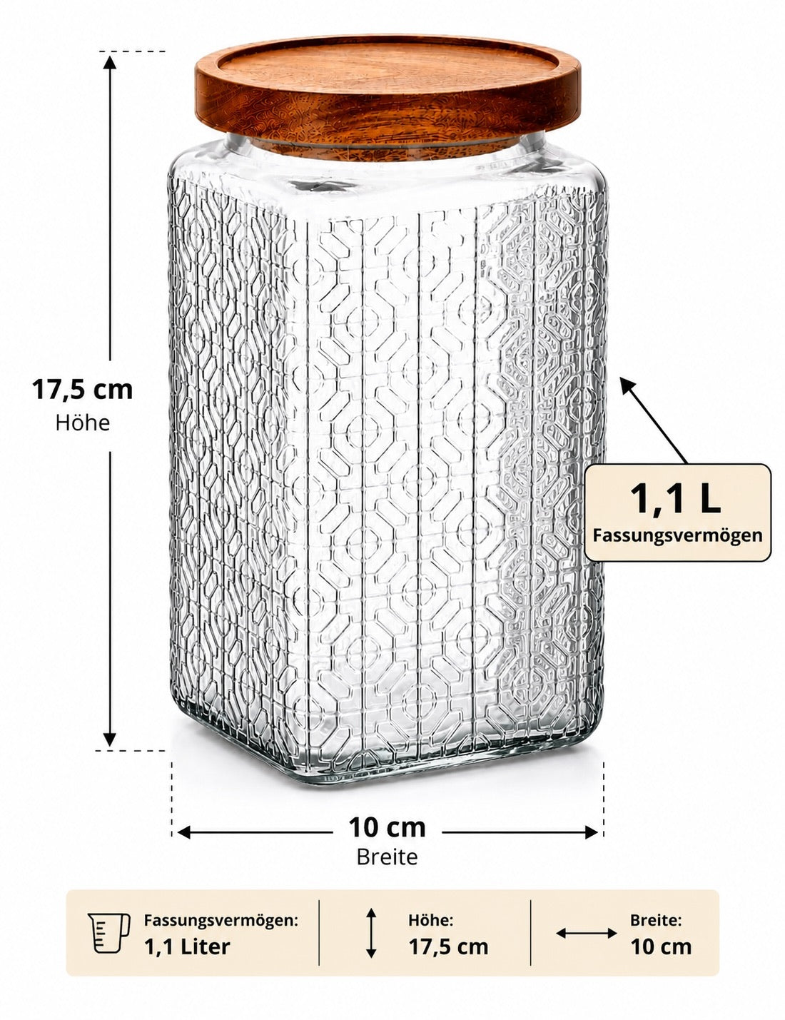 1,1 L Vorratsglas mit Holzdeckel, eckiger Glasbehälter für Küche