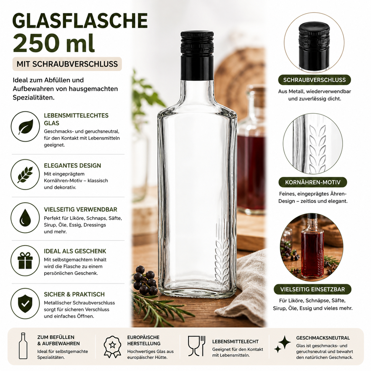 6× 250 ml Glasflasche mit Schraubverschluss