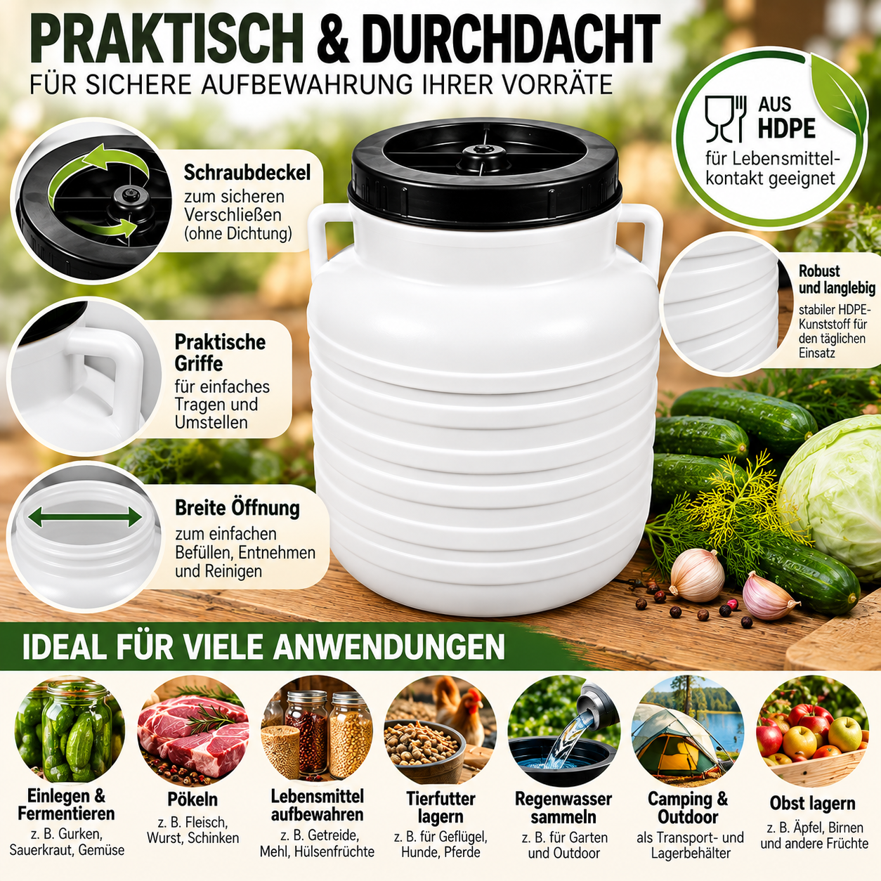Gurkenfass 10 L mit 5 Folienbeuteln – Für Sauerkraut & Gemüse