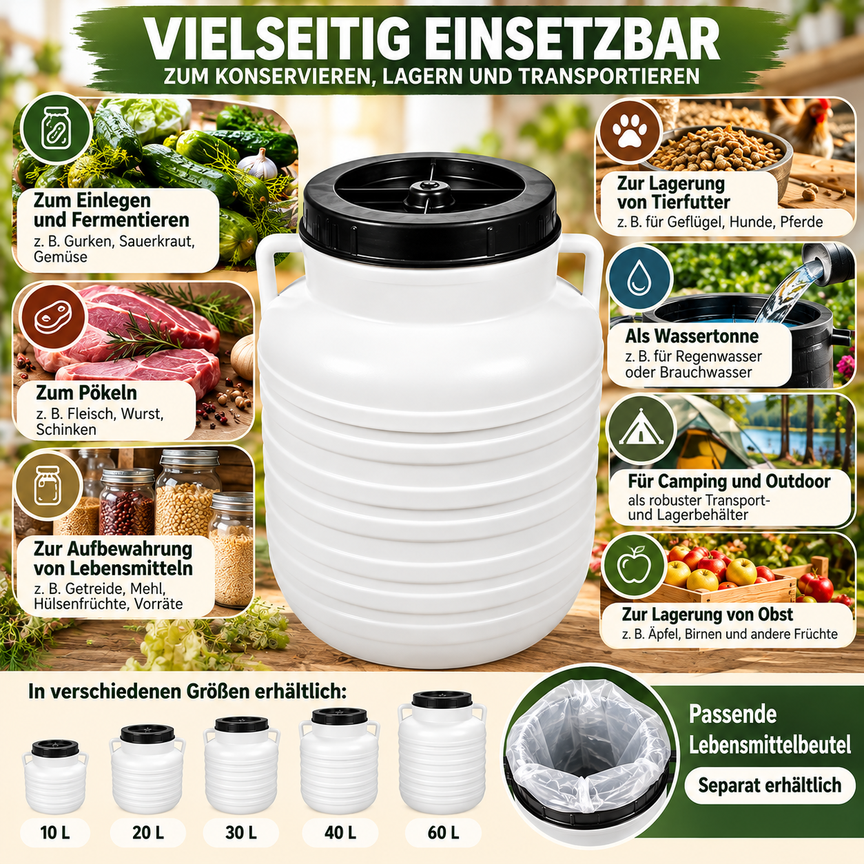 Gurkenfass 10 L mit 5 Folienbeuteln – Für Sauerkraut & Gemüse