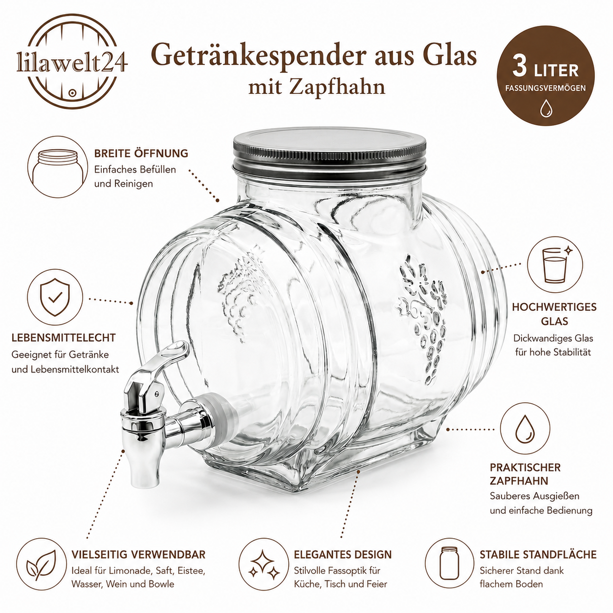 3L Glasfass mit Zapfhahn und Holzständer