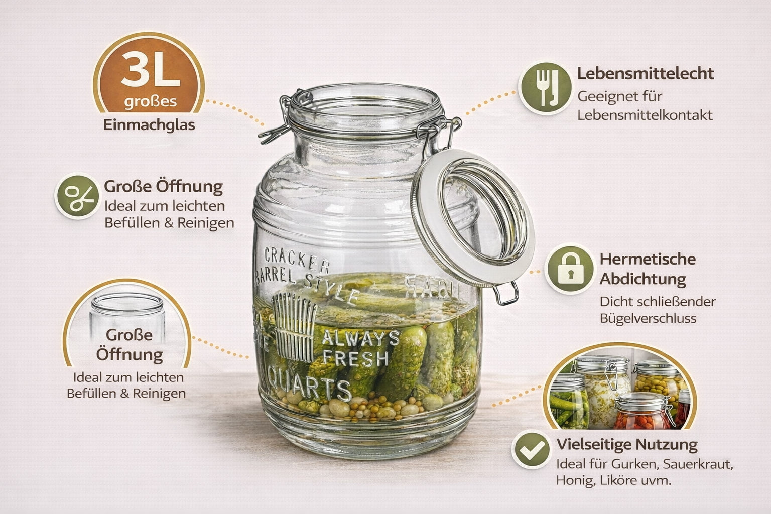 4x 3L Vorratsglas mit Bügelverschluss – Nostalgisches Einmachglas mit Prägung