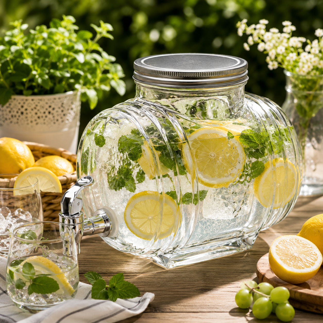3L Glasfass mit Zapfhahn und Holzständer