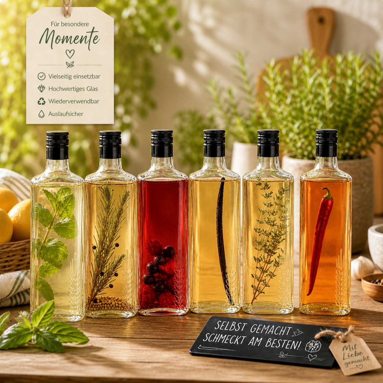 6× 250 ml Glasflasche mit Schraubverschluss