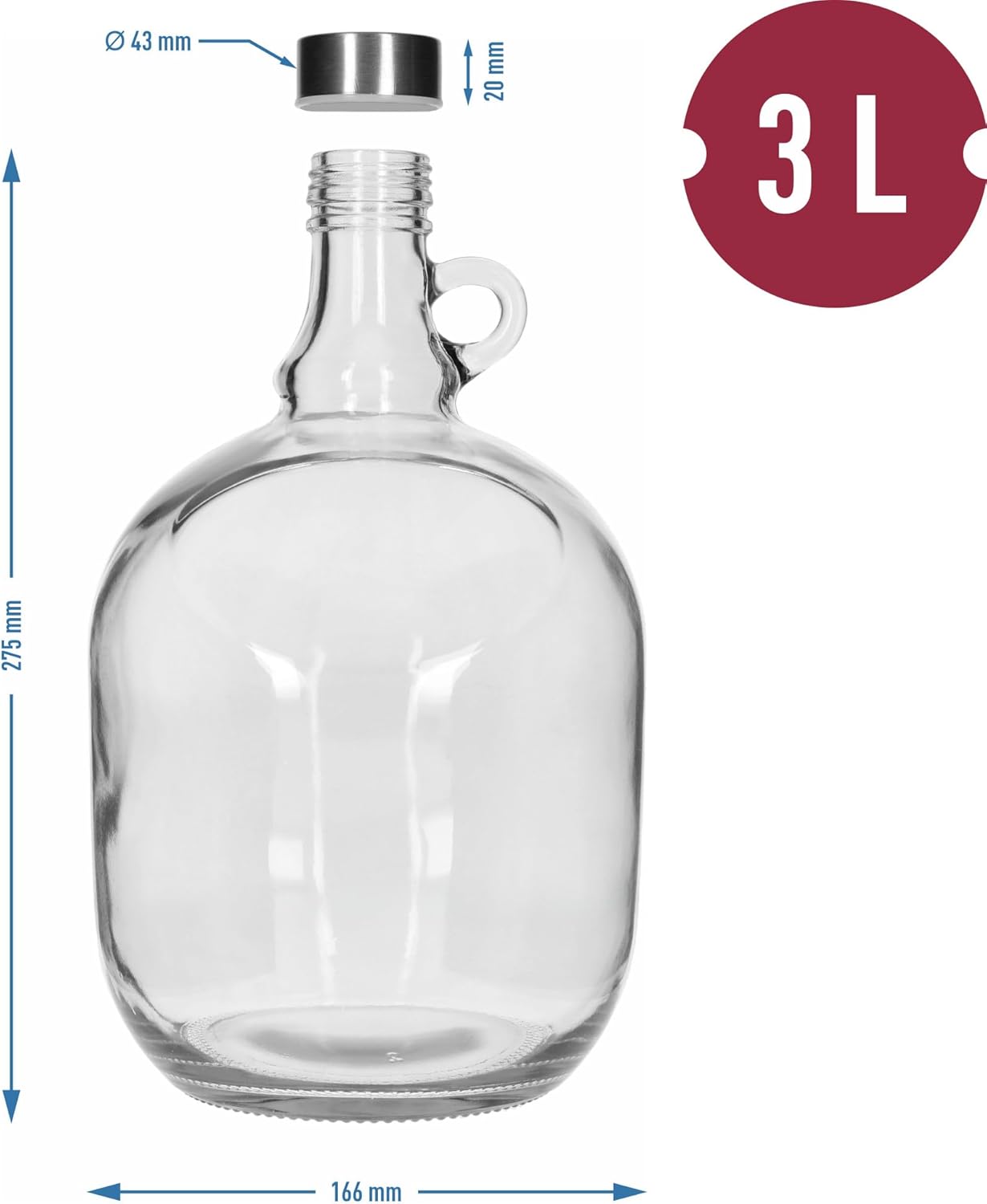 4x 3L Weinballon Set mit Griff & Schraubverschluss – Glasballon "Dama" für Gärung & Likör