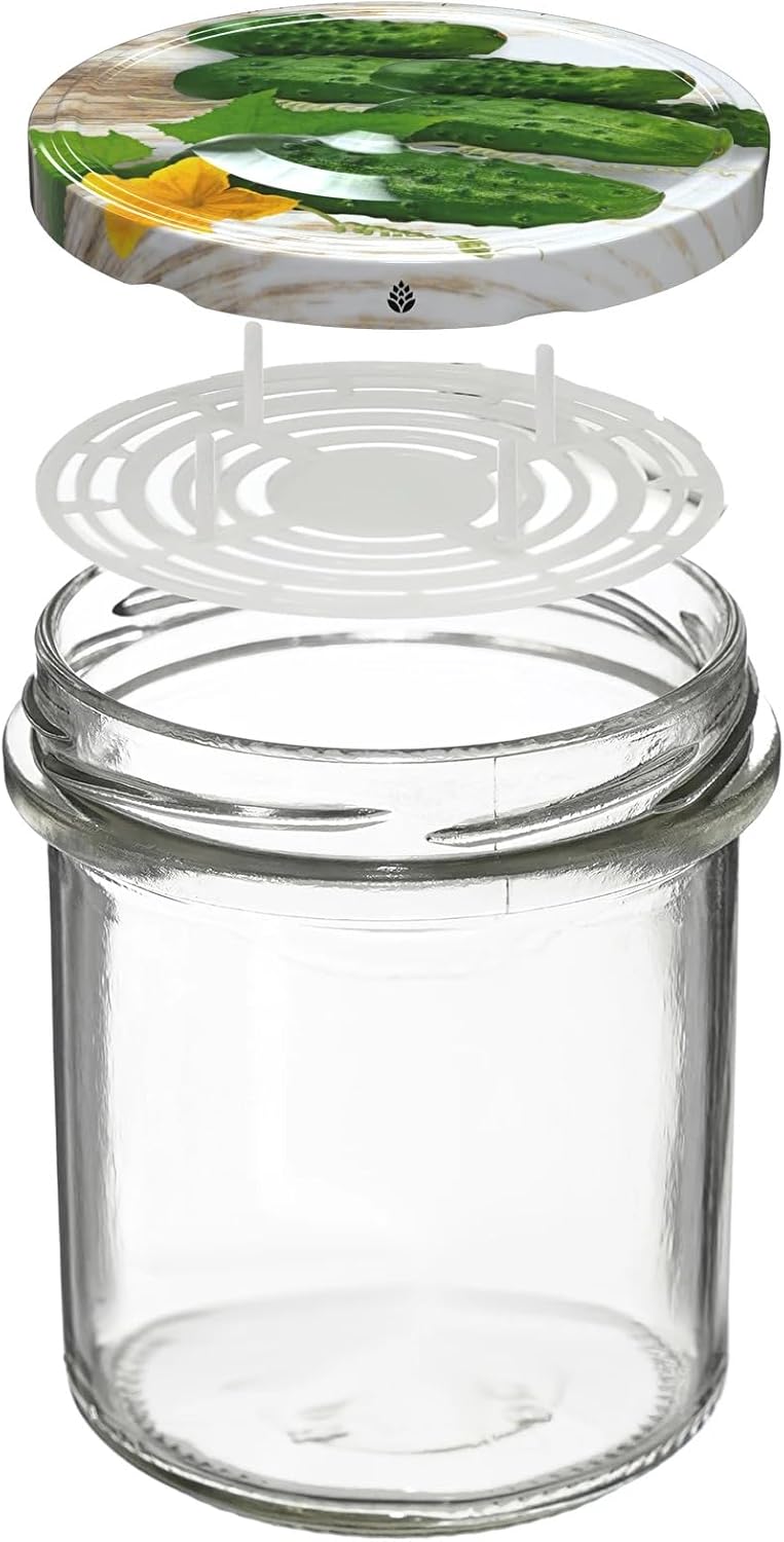 6x 346ml Einmachgläser Set mit Press-Element & bunten Deckeln – Gläser zum Einlegen & Pasteurisieren