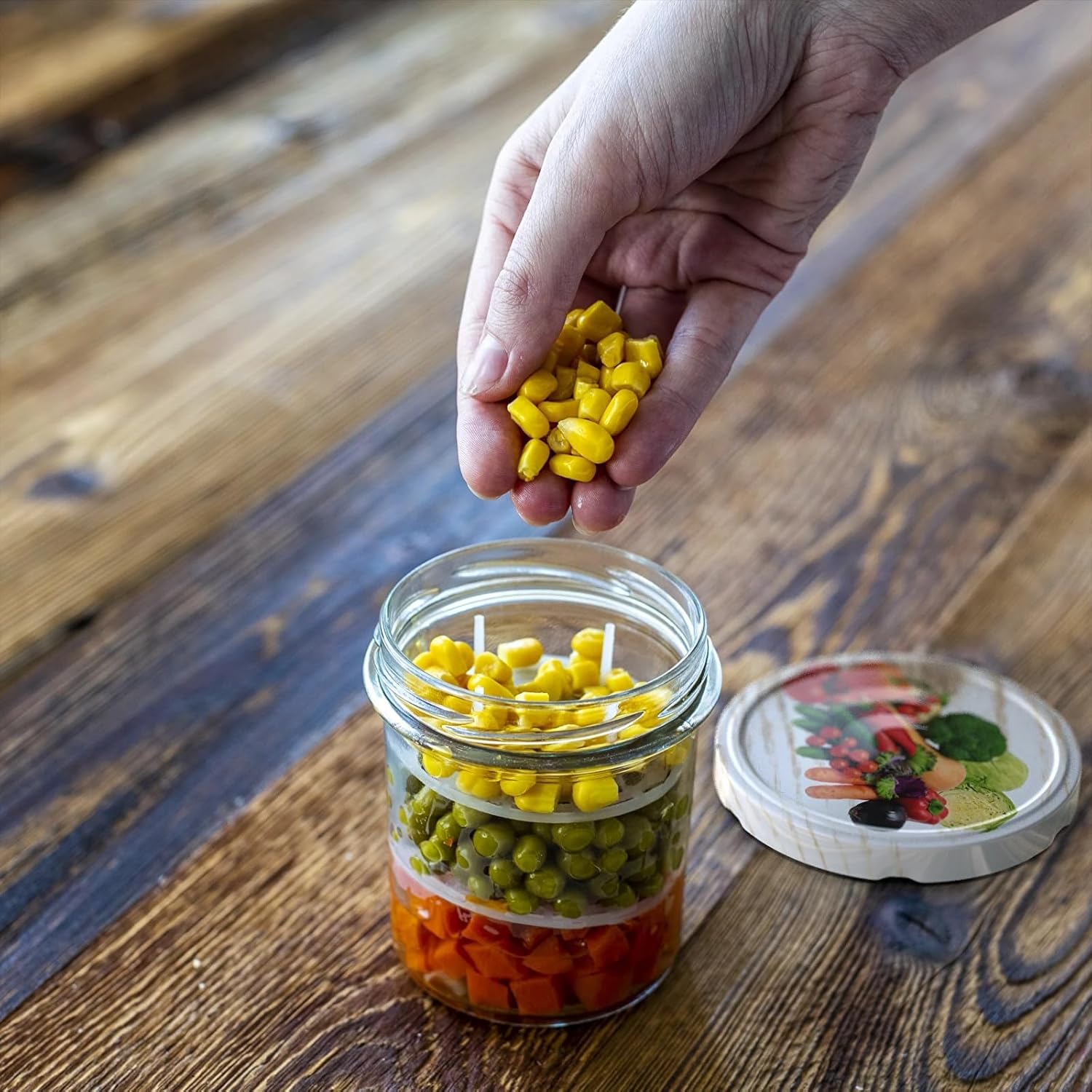 6x 346ml Einmachgläser Set mit Press-Element & bunten Deckeln – Gläser zum Einlegen & Pasteurisieren