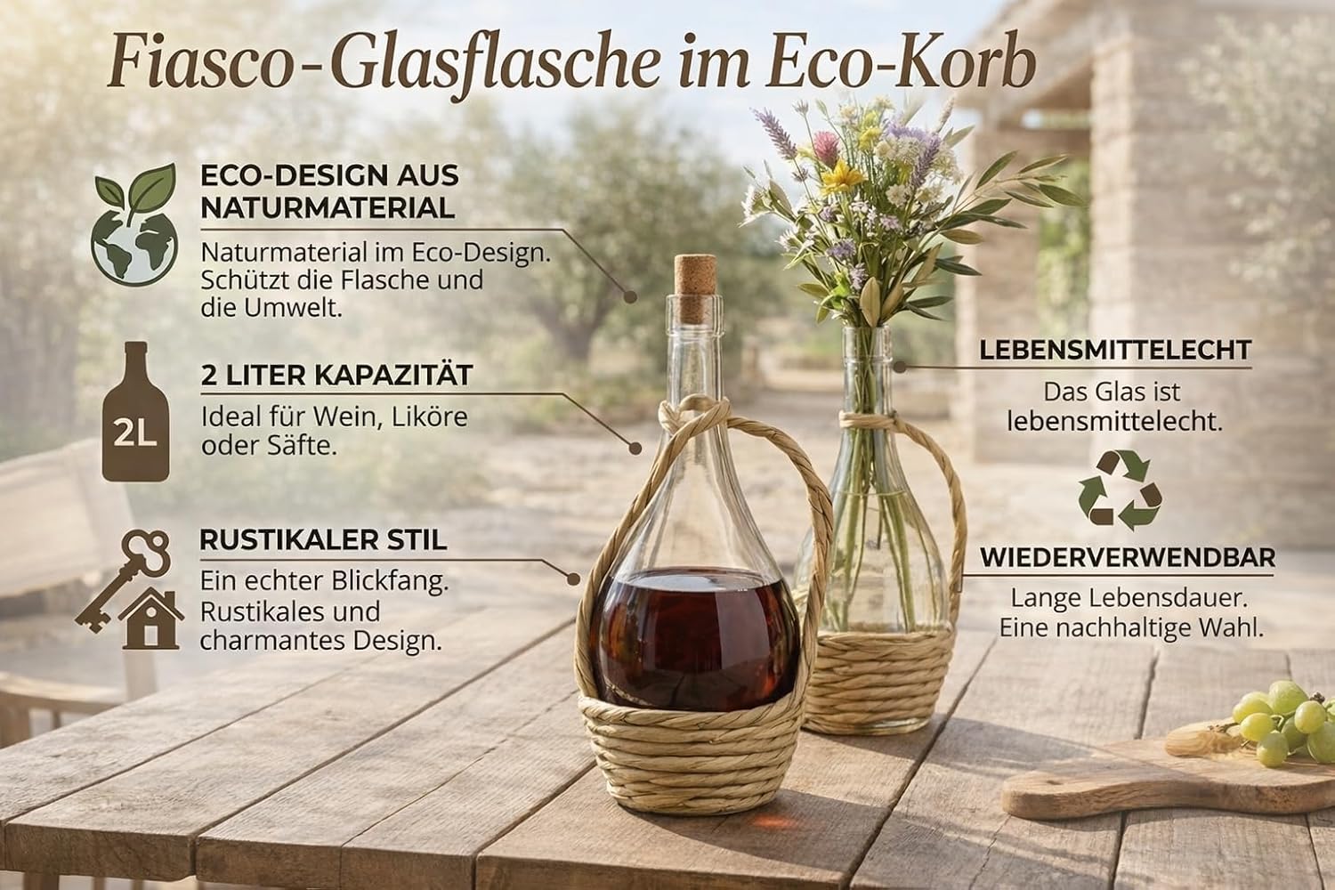 2 L Glasflasche mit EKO-Korb – Dekorative Flasche für Wein, Likör & Met