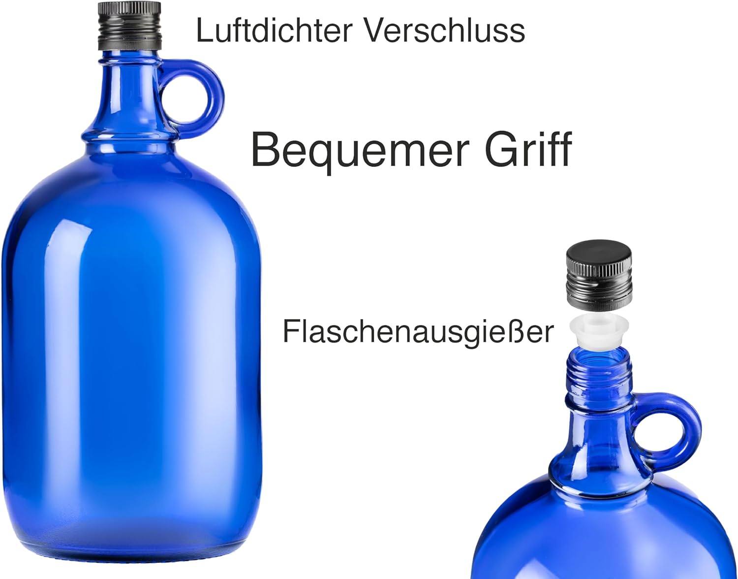 1L Blaue Glasflasche mit integriertem Ausgießer & Schraubverschluss
