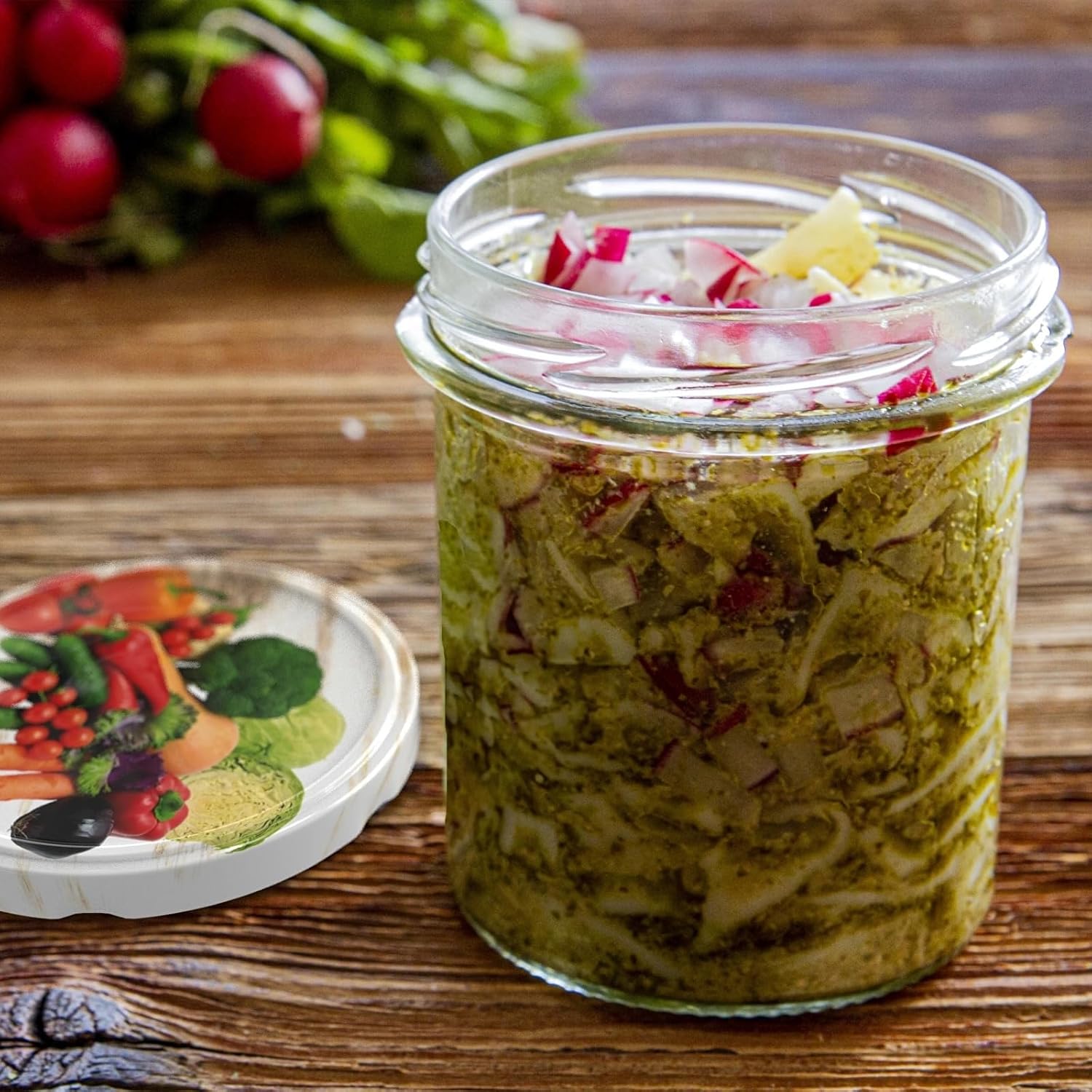 6x 346ml Einmachgläser Set mit Press-Element & bunten Deckeln – Gläser zum Einlegen & Pasteurisieren