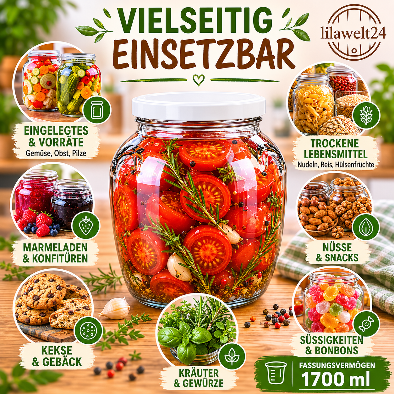 2× Einmachglas 1,7 L mit Schraubdeckel – Vorratsglas in Amphorenform