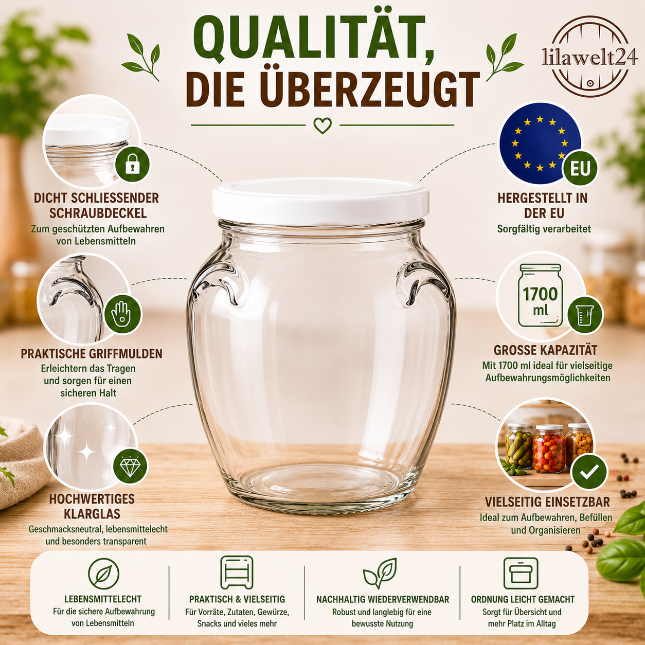 2× Einmachglas 1,7 L mit Schraubdeckel – Vorratsglas in Amphorenform