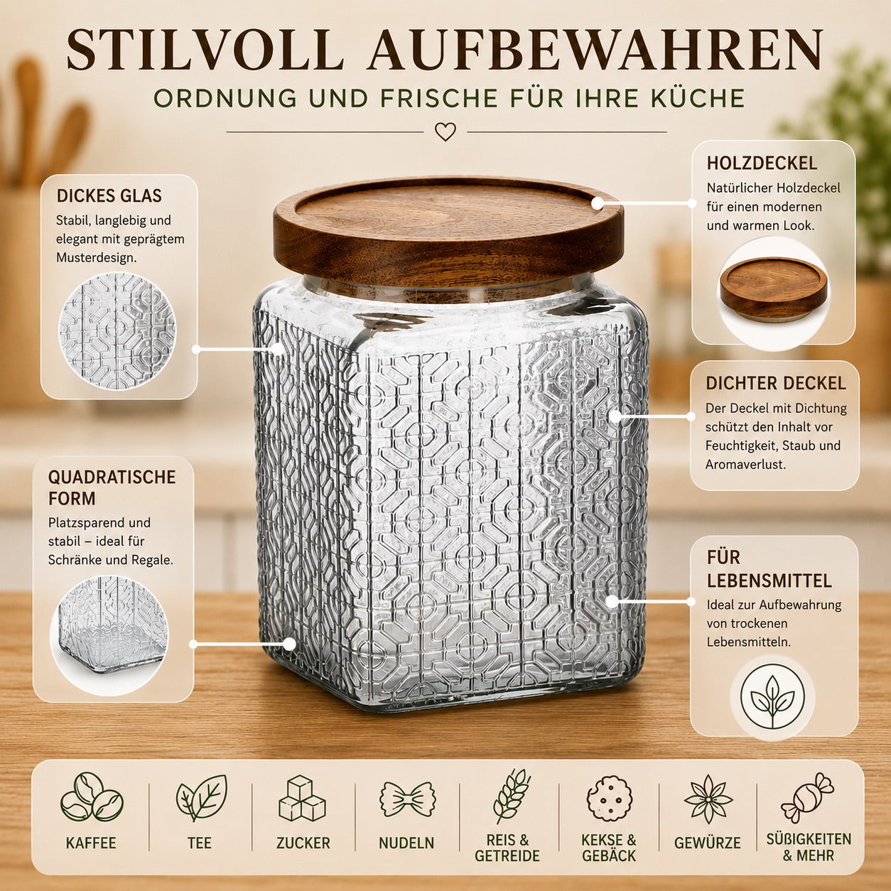 850 ml Vorratsglas mit Holzdeckel, eckiger Glasbehälter für Küche