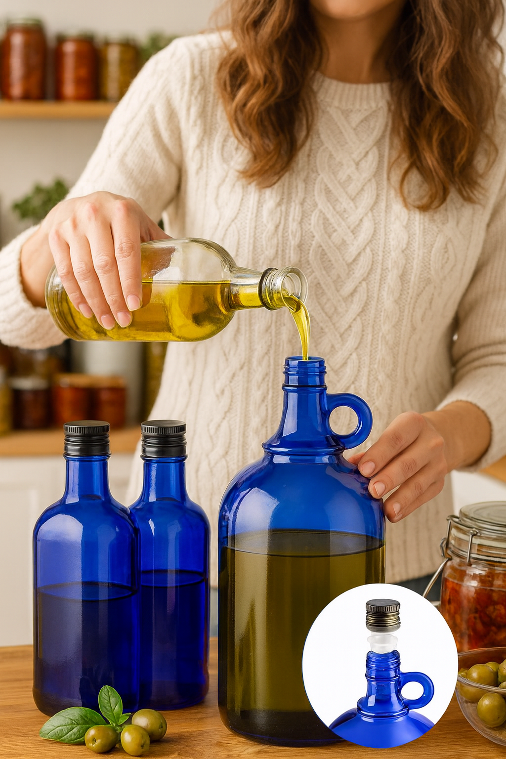 1L Blaue Glasflasche mit integriertem Ausgießer & Schraubverschluss