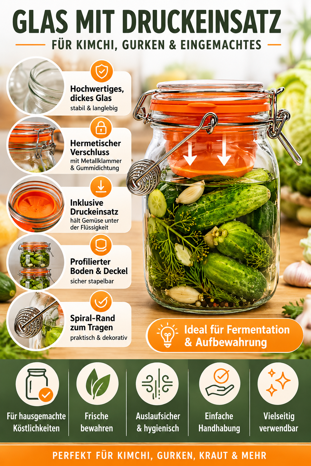 2L Premium Fermentierglas mit Niederhalter & Beschwerer