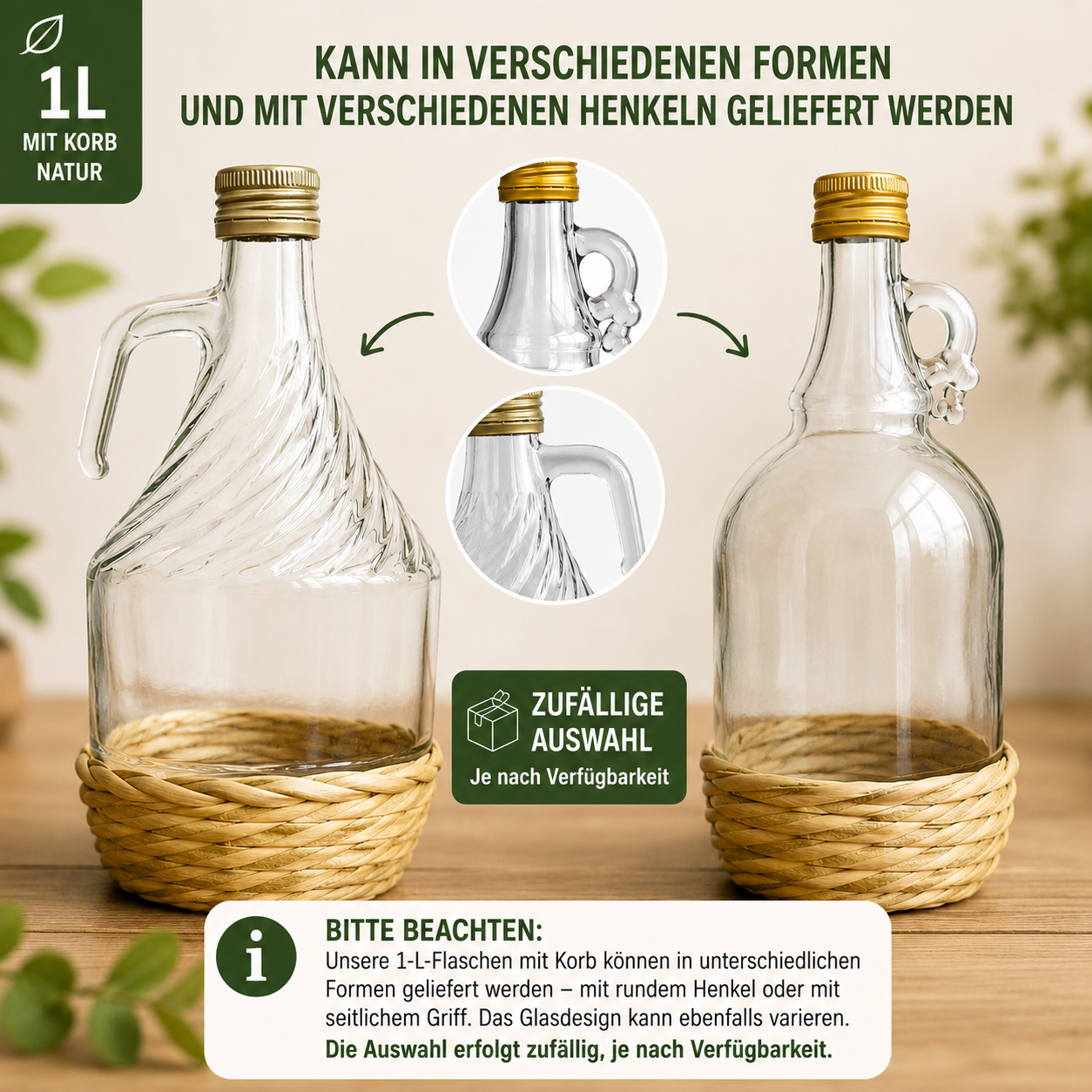 1 L Glasballon mit ECO Korb & Schraubverschluss – Für Wein, Likör & Säfte