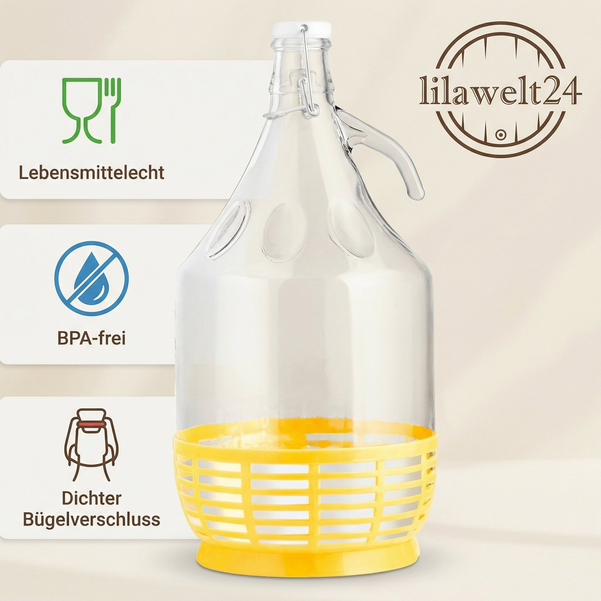 4x 5 L Glasballon mit Bügelverschluss & Kunststoffkorb – ideal für Wein, Bier & Met
