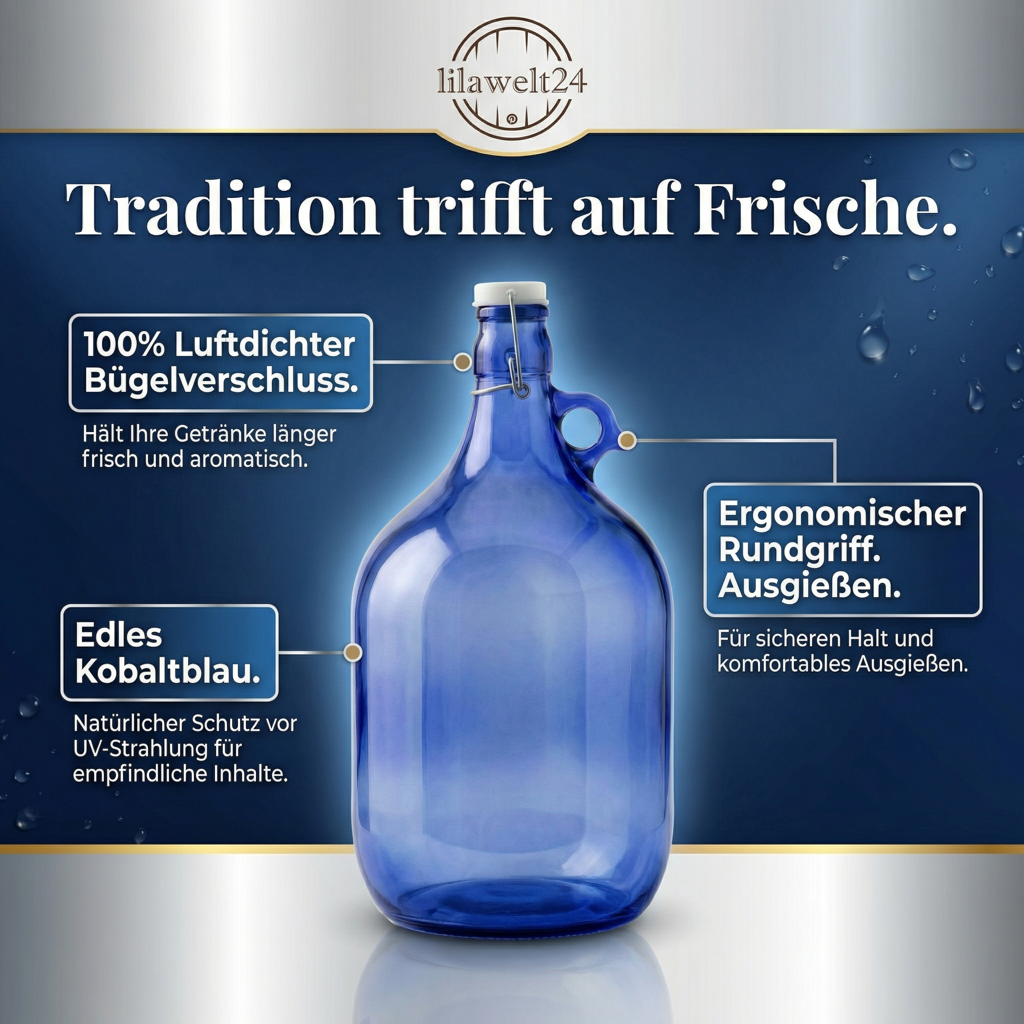 5L blaue Glasflasche mit Bügelverschluss und Rundgriff – UV-Schutz, hergestellt in der EU
