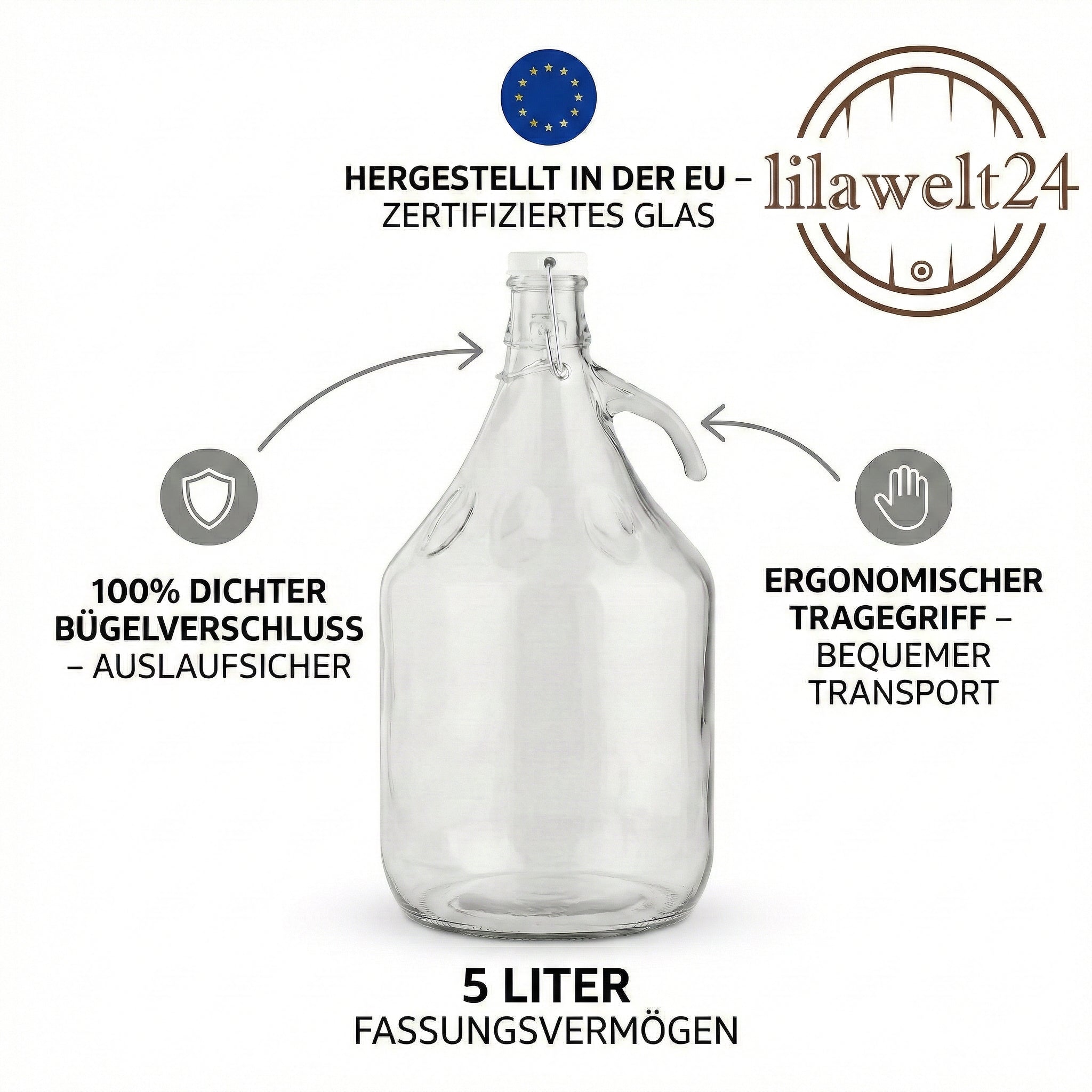 4x 5 L Glasflasche mit Bügelverschluss – ideal für Wein, Bier & Met