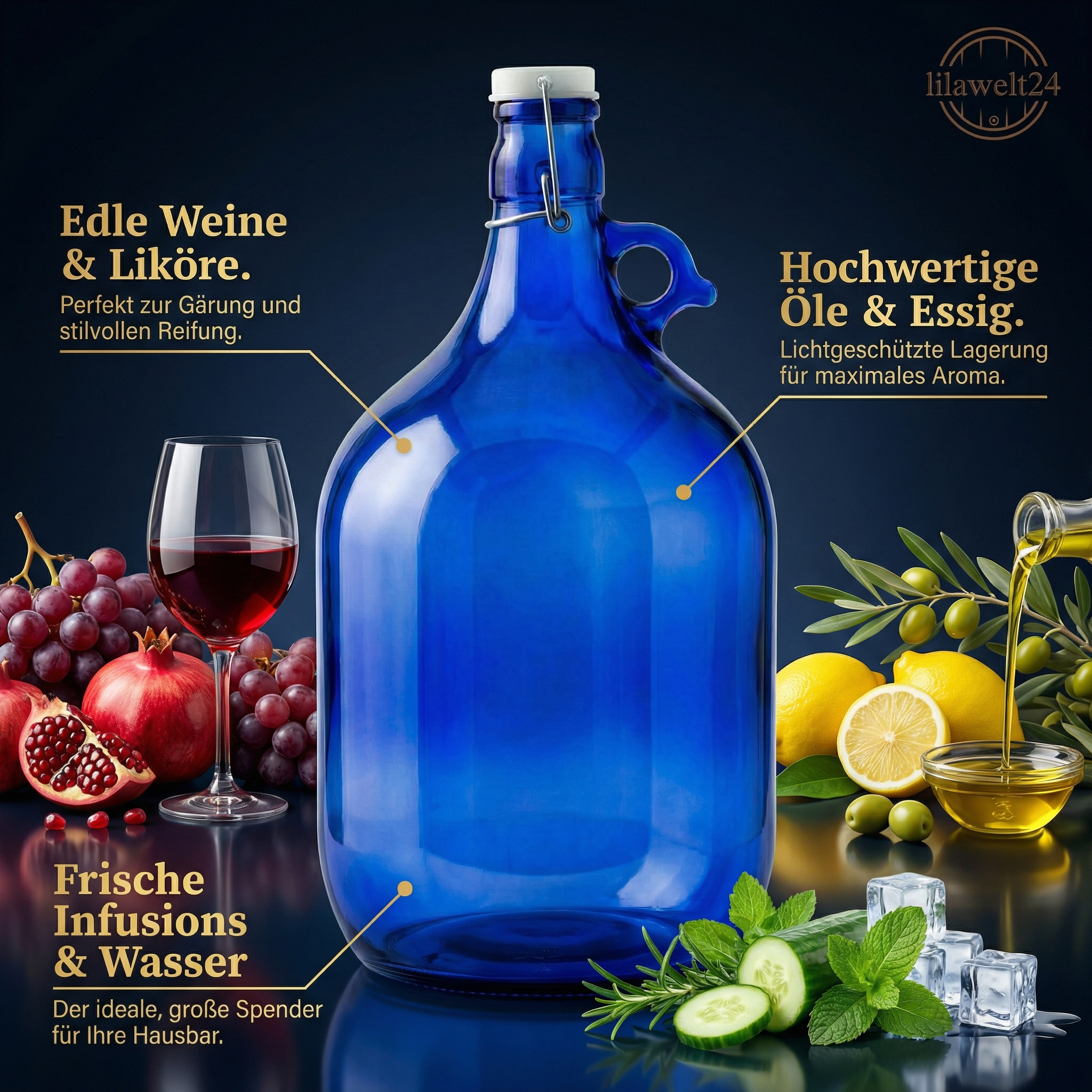 5L blaue Glasflasche mit Bügelverschluss und Rundgriff – UV-Schutz, hergestellt in der EU