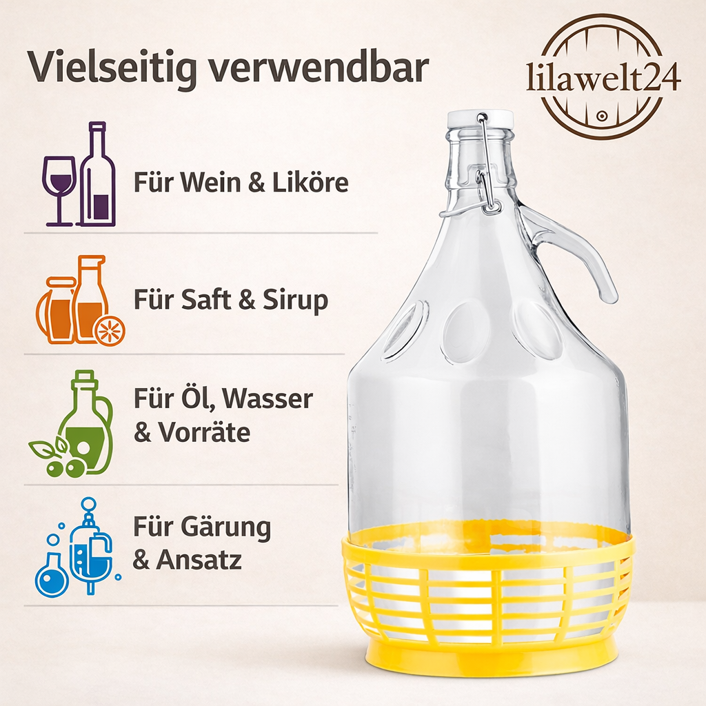 4x 5 L Glasballon mit Bügelverschluss & Kunststoffkorb – ideal für Wein, Bier & Met