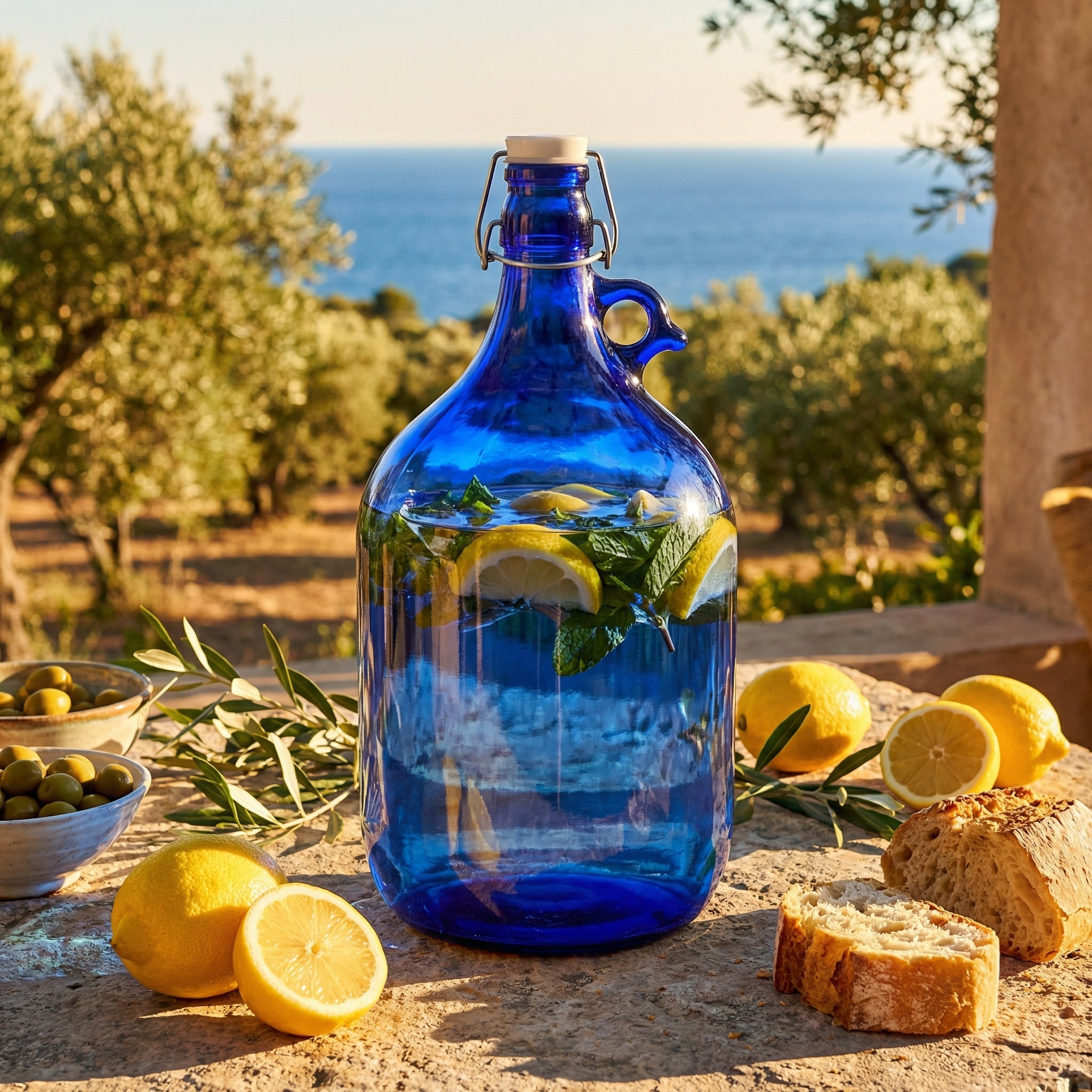 5L blaue Glasflasche mit Bügelverschluss und Rundgriff – UV-Schutz, hergestellt in der EU