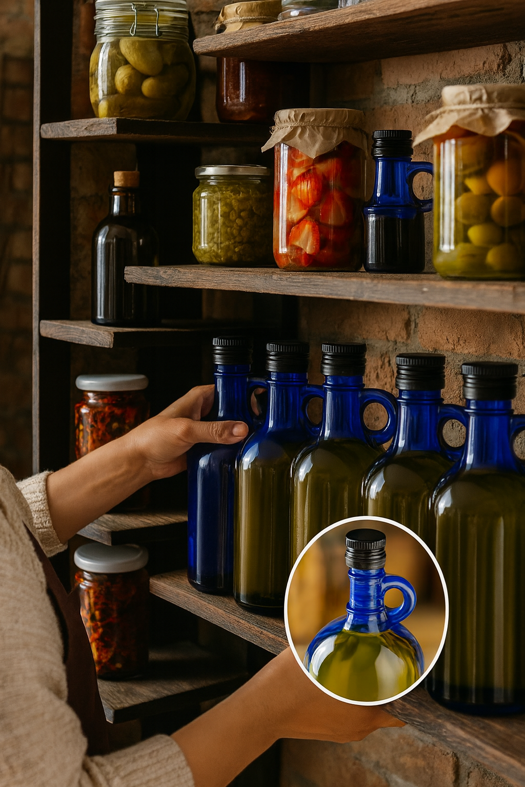 1L Blaue Glasflasche mit integriertem Ausgießer & Schraubverschluss