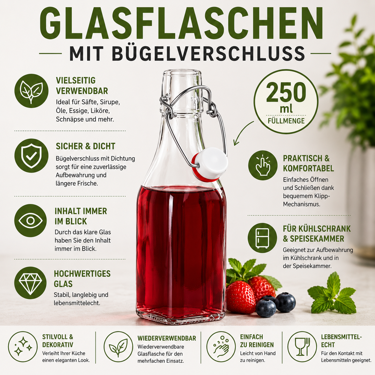12 Glasflaschen 250ml mit Bügelverschluss