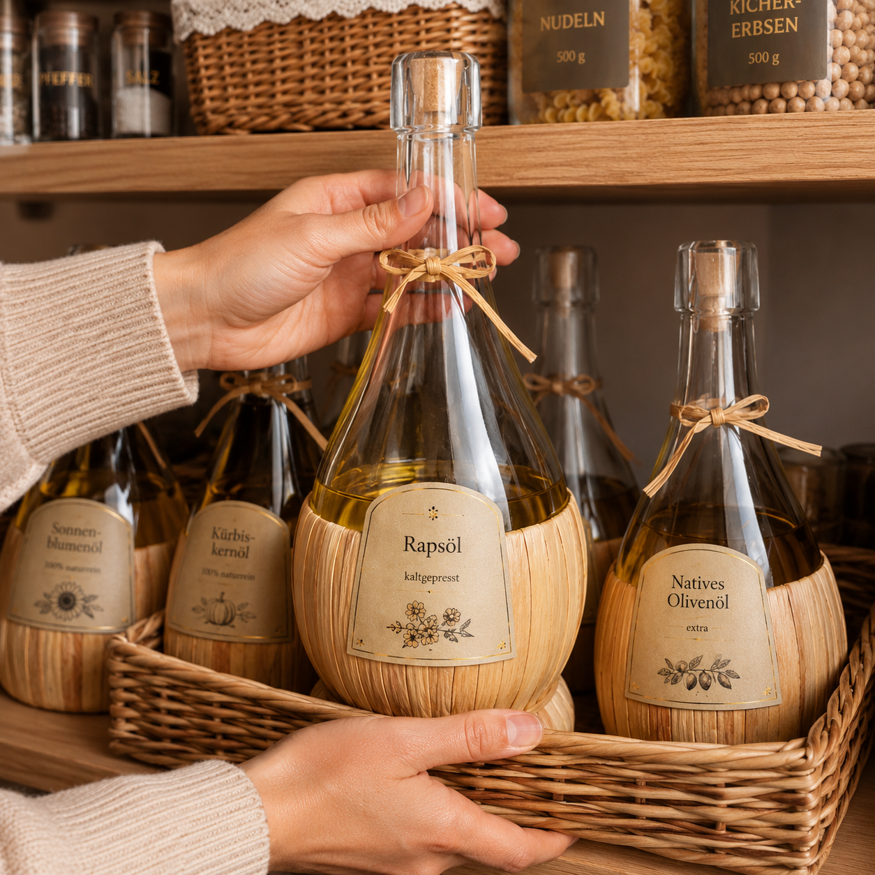 1 L Glasflasche mit Graskorb – Dekorative Flasche für Likör, Öl & Essig