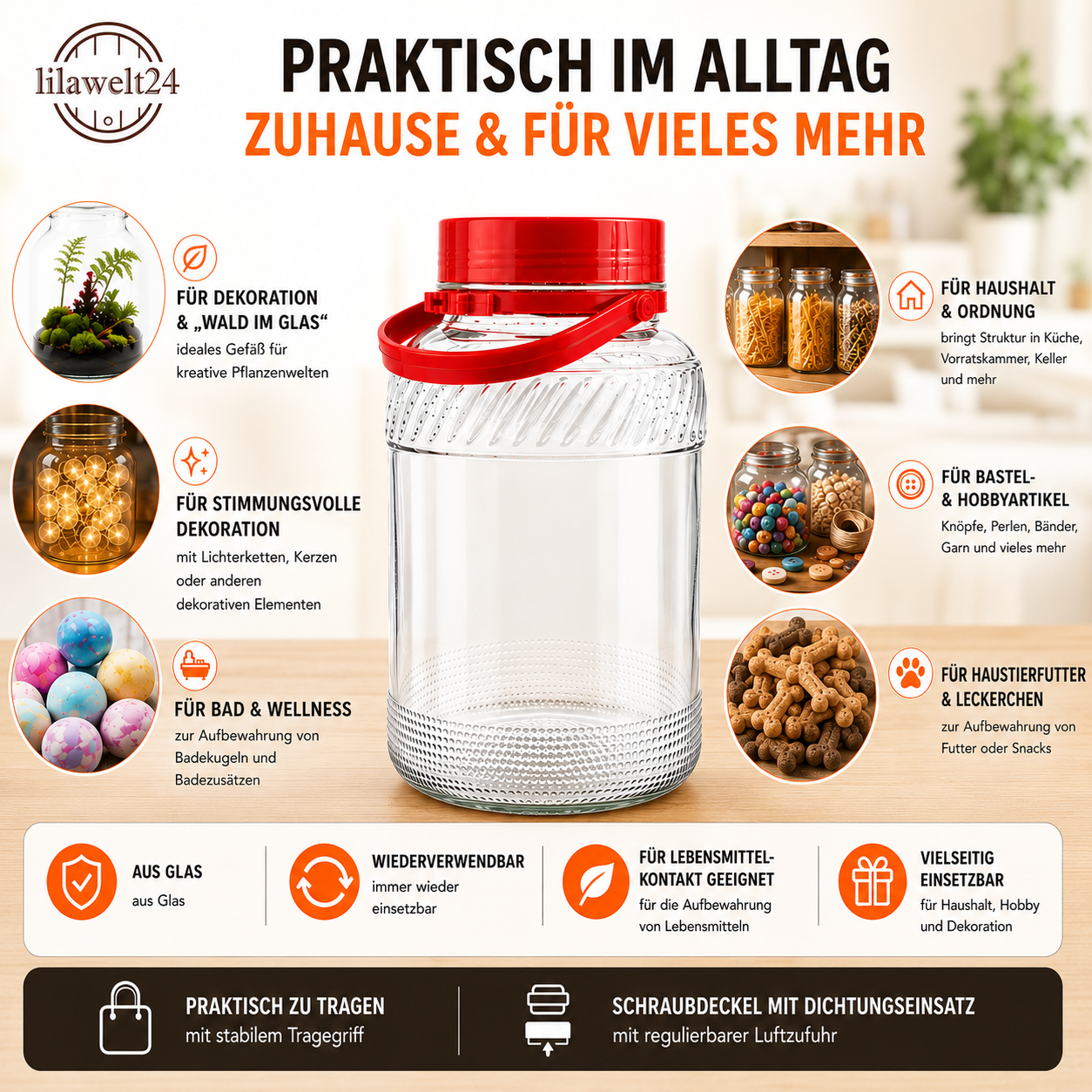 5 L Einmachglas – Mit Griff & Schraubverschluss für Küche & Vorrat