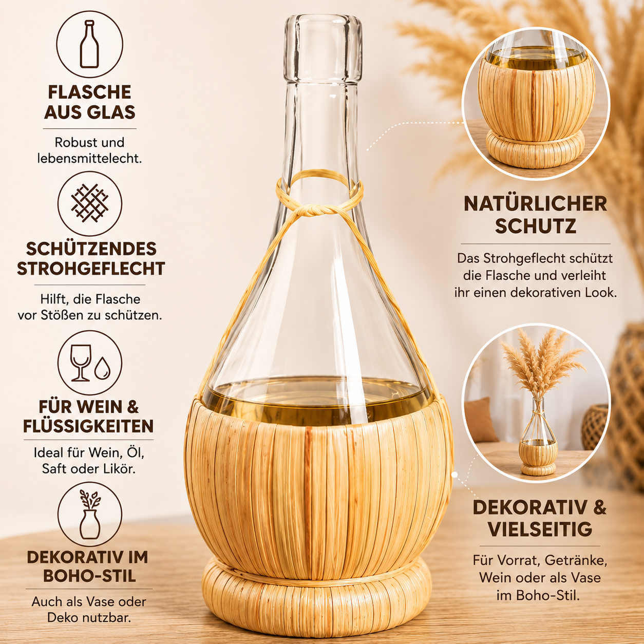 1 L Glasflasche mit Graskorb – Dekorative Flasche für Likör, Öl & Essig