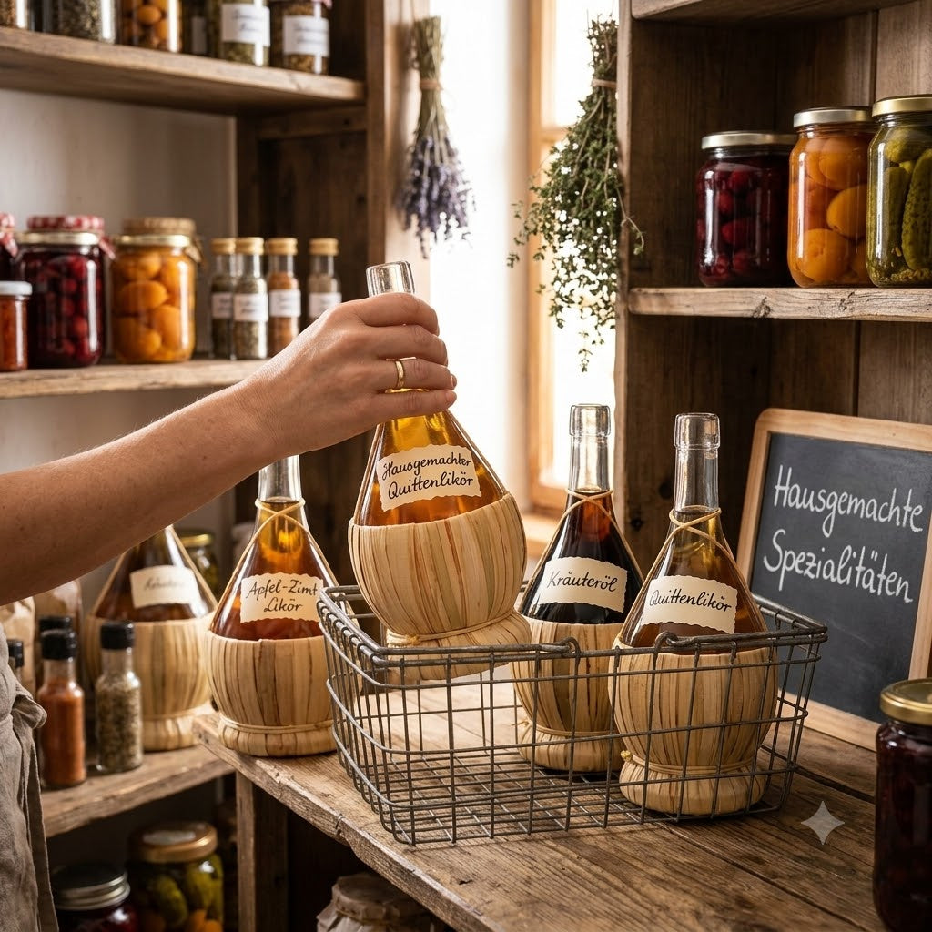 1 L Glasflasche mit Graskorb – Dekorative Flasche für Likör, Öl & Essig