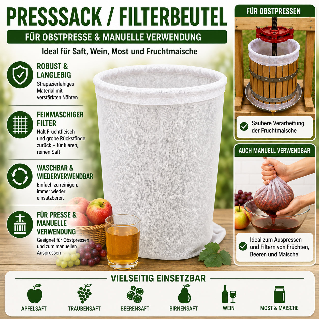 30 L Filterbeutel für Pressen – Mostfilter aus langlebigem Industriegewebe