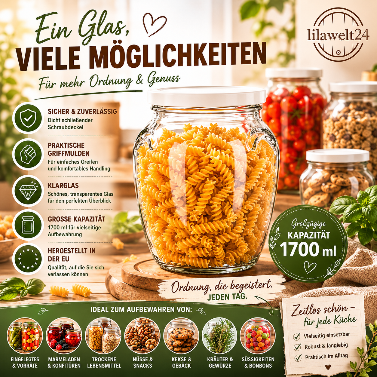 2× Einmachglas 1,7 L mit Schraubdeckel – Vorratsglas in Amphorenform