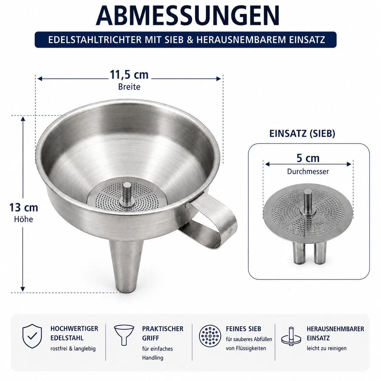 Edelstahltrichter mit Sieb und Griff zum Abfüllen Edelstahltrichter mit Sieb
