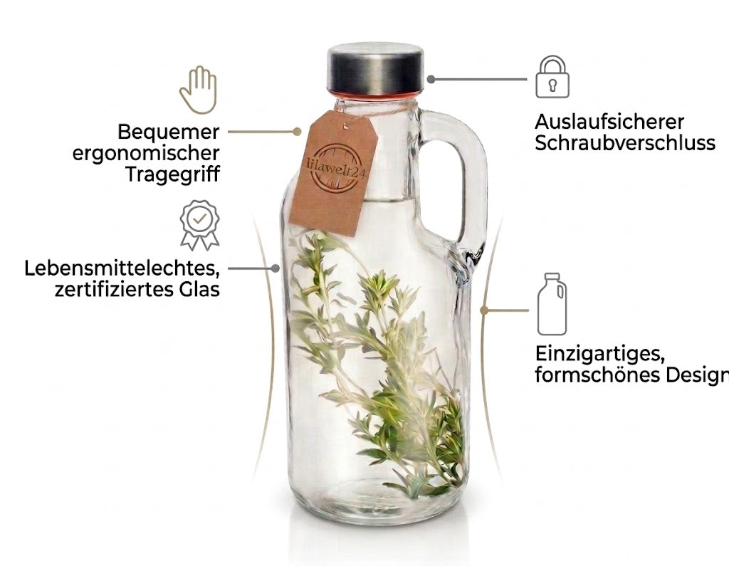 1 L Glasflasche mit Griff & Schraubverschluss – Karaffe für Wasser, Öl, Liköre & Säfte