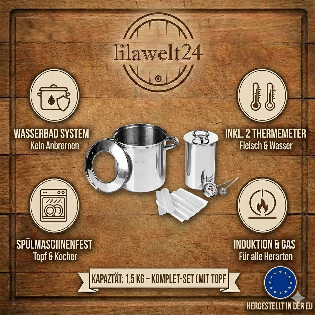 Schinkenkocher 1,5 kg im Wassermantel – Komplettes Set mit Topf & Thermometern