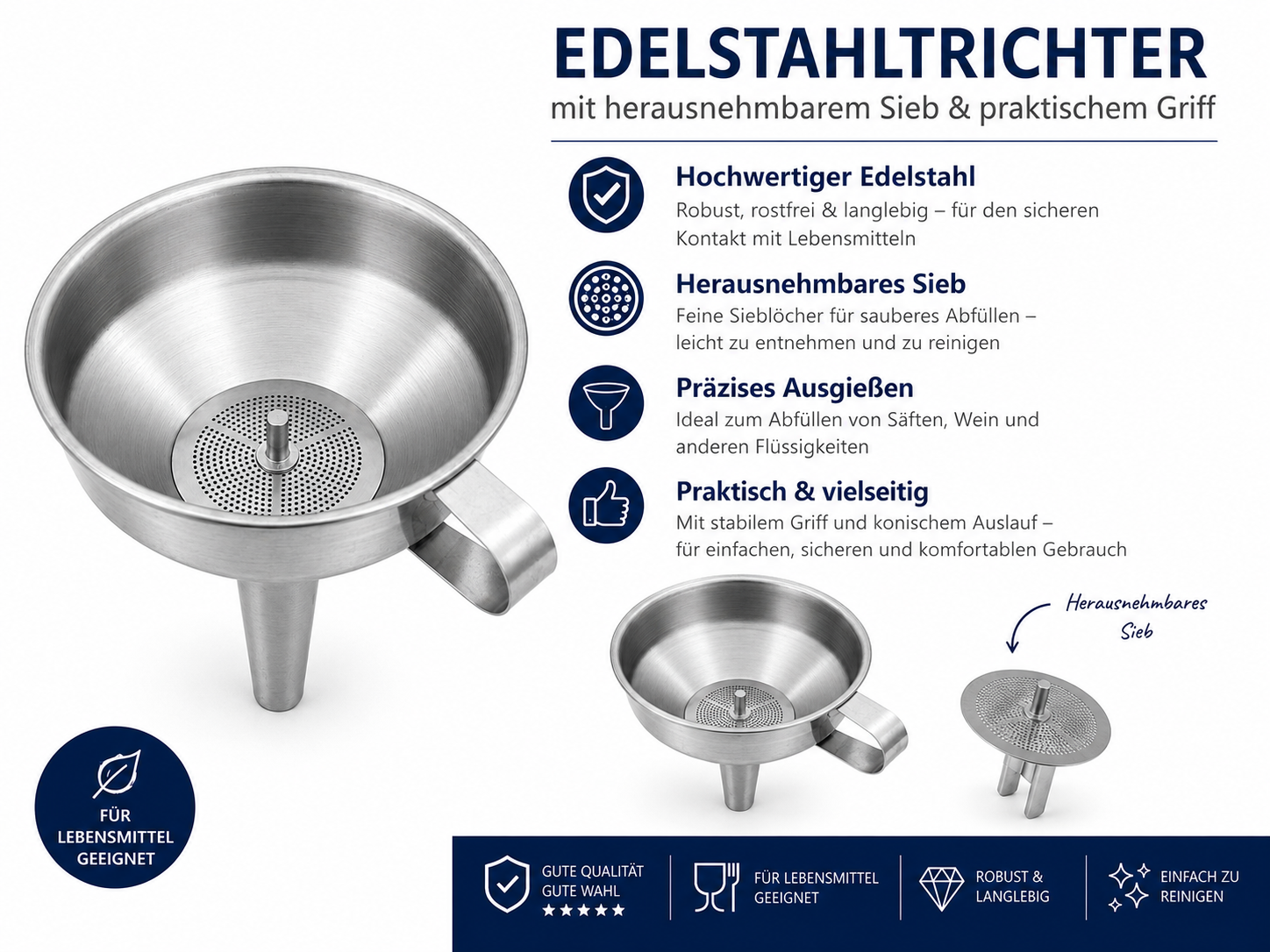 Edelstahltrichter mit Sieb und Griff zum Abfüllen Edelstahltrichter mit Sieb