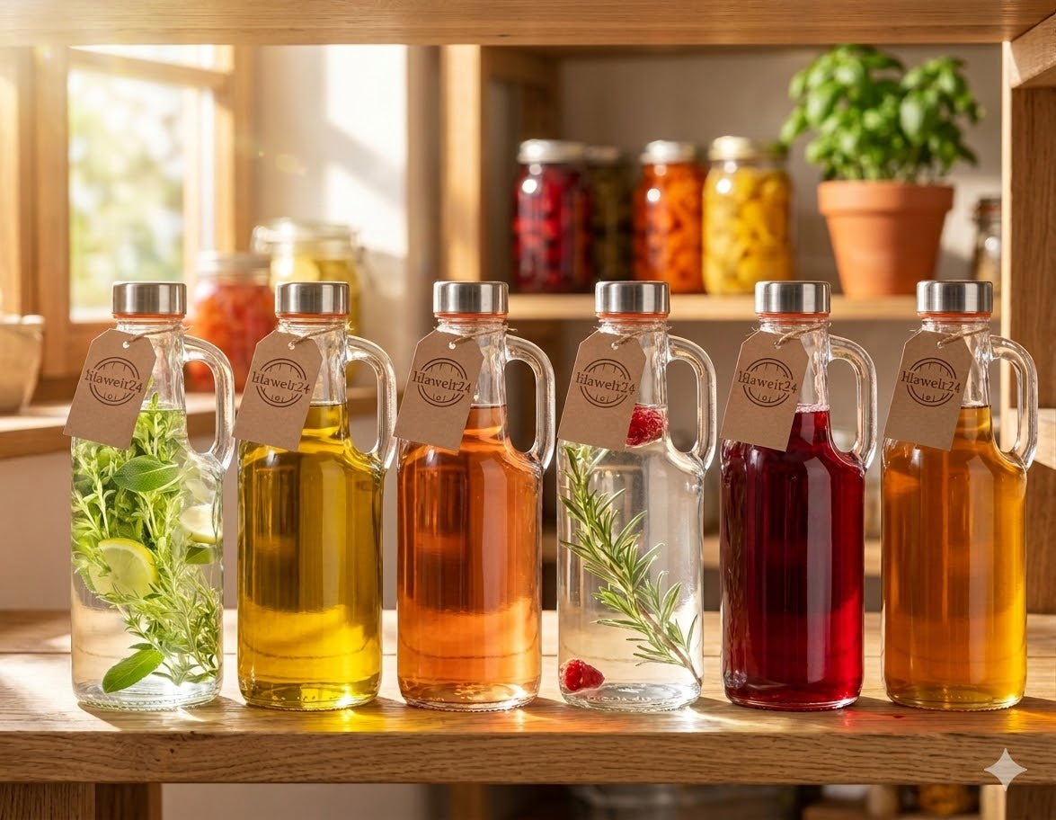 1 L Glasflasche mit Griff & Schraubverschluss – Karaffe für Wasser, Öl, Liköre & Säfte
