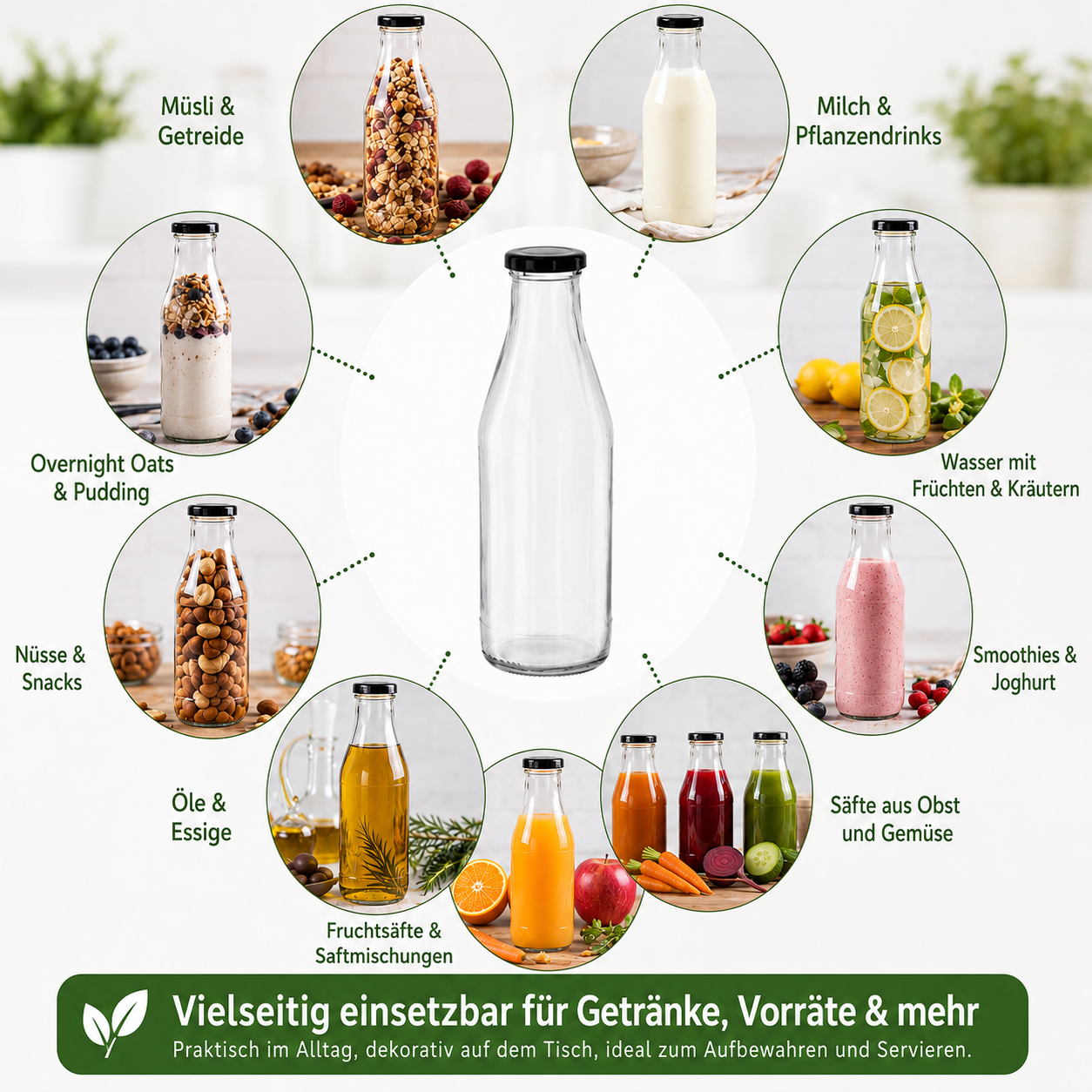 6x Glasflaschen 1L mit Metalldeckel