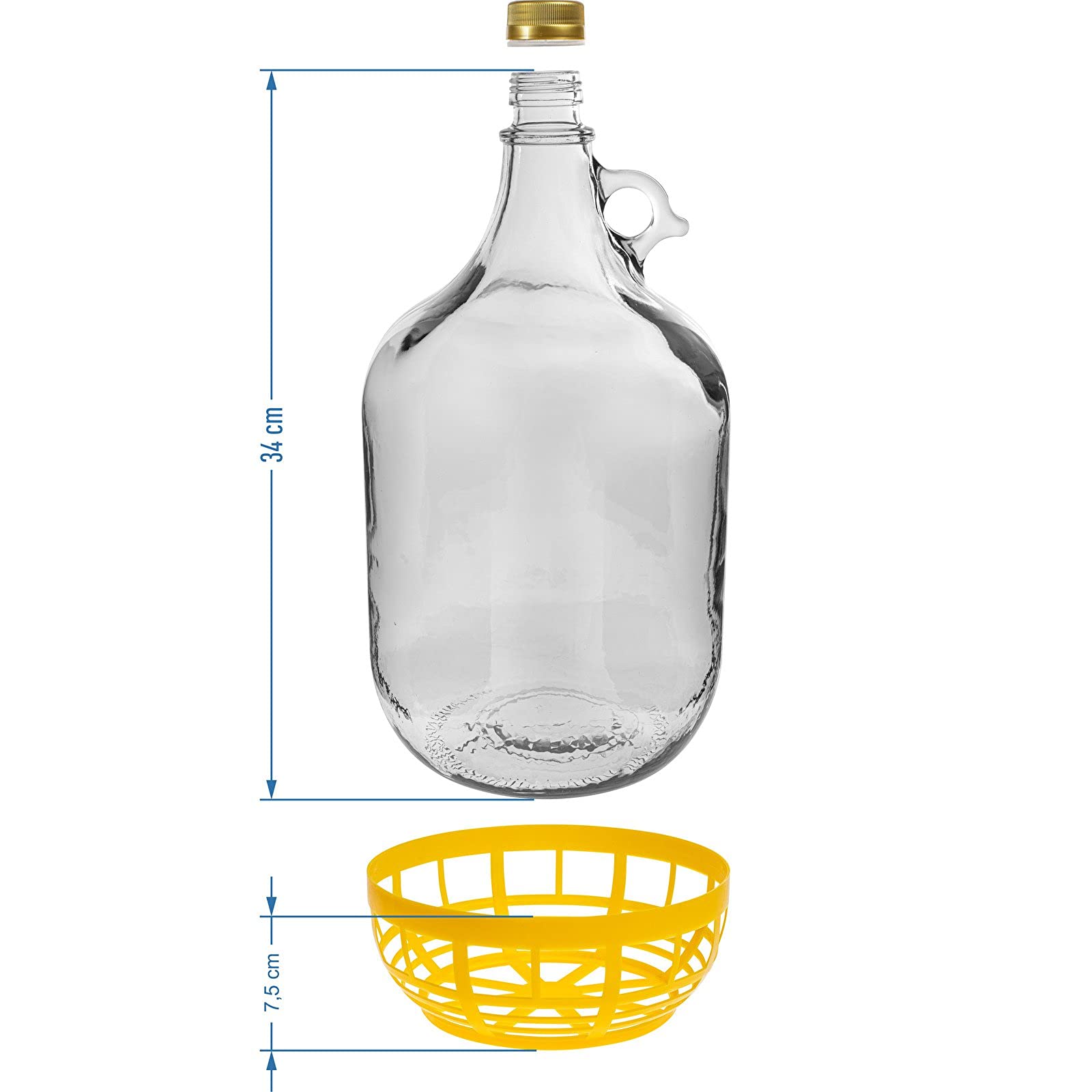 1 x 5L Glasflasche mit Ringgriff, Schutzkorb und Schraubverschluss
